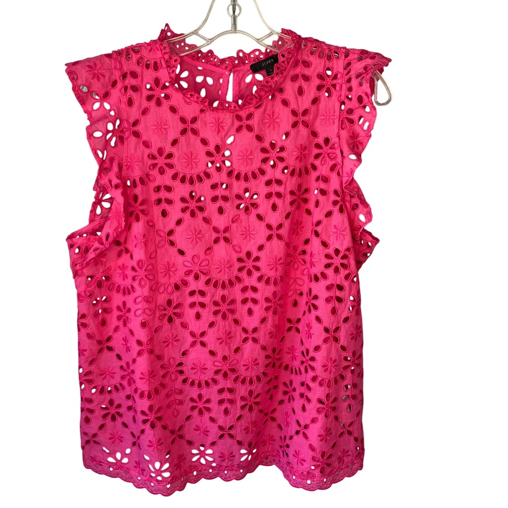 J.Crew Womens Pink Floral Eyelet Flutter Sleeve Ruffle Neck Top Large L